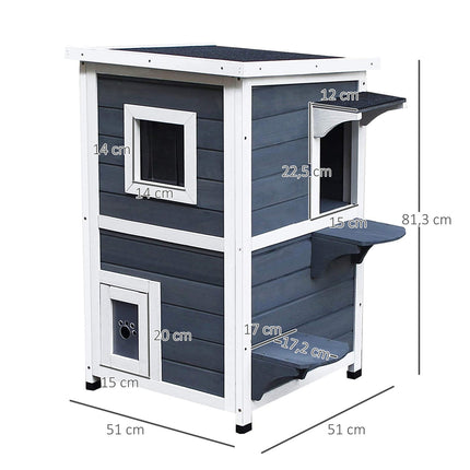 Gray wooden cat house with stairs and windows, 2 floors