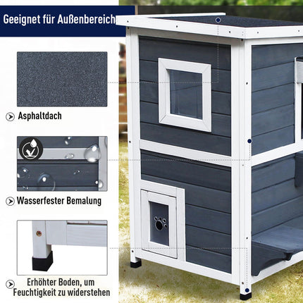 Gray wooden cat house with stairs and windows, 2 floors