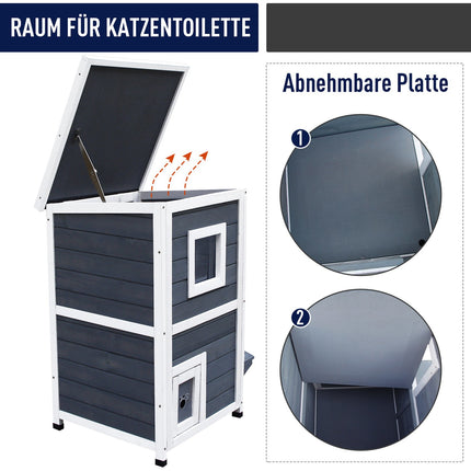 Gray wooden cat house with stairs and windows, 2 floors