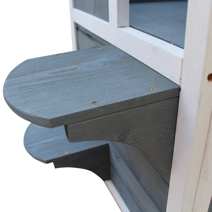 Gray wooden cat house with stairs and windows, 2 floors