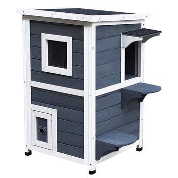 Gray wooden cat house with stairs and windows, 2 floors