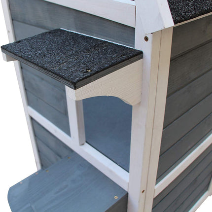 Gray wooden cat house with stairs and windows, 2 floors
