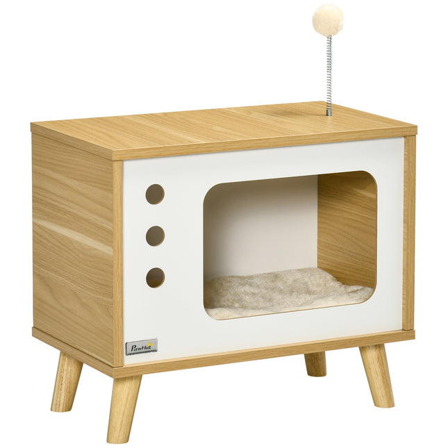 Cat house with play ball & pillow, oak/beige/white 50x28x43 cm