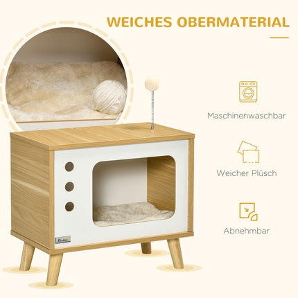 Cat house with play ball & pillow, oak/beige/white 50x28x43 cm