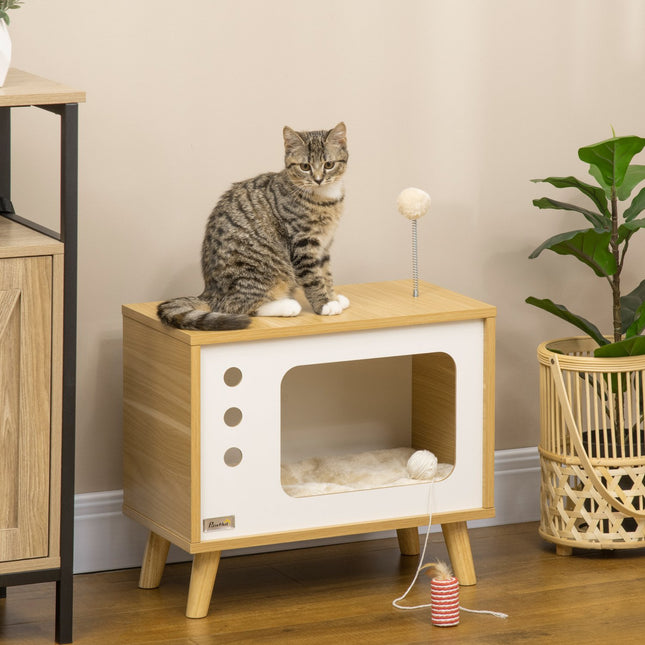 Cat house with play ball & pillow, oak/beige/white 50x28x43 cm
