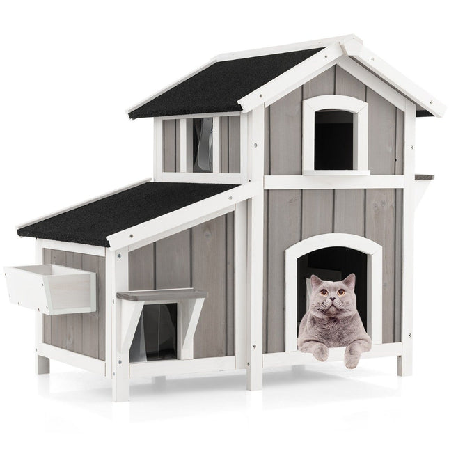 Cat House Outdoor 2-story Cat Hut Cat Villa with Asphalt Roof Gray 100 x 64 x 82.5 cm
