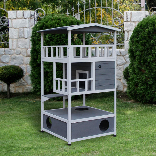 Solid wood cat house with balcony and stairs, gray