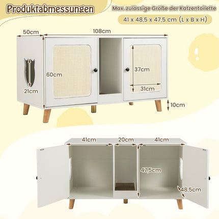Cat Litter Box Cabinet with 2 Doors – White, 108x50x60 cm