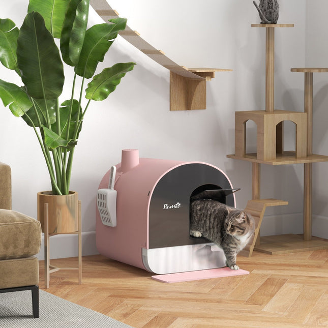 Pink cat litter box with pull-out tray and mat, 5 kg capacity