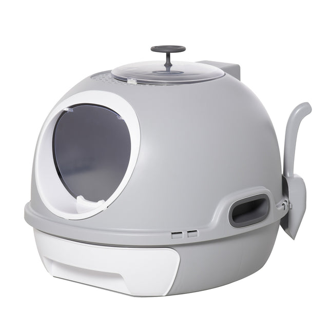 Portable cat litter box with roof and shovel, gray PP/ABS