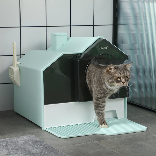Cat litter with hood, filter & scoop, light blue 47x45x42cm