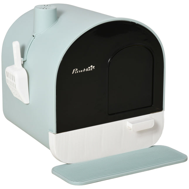 Cat box with hood, green, plastic, fits cats up to 5 kg