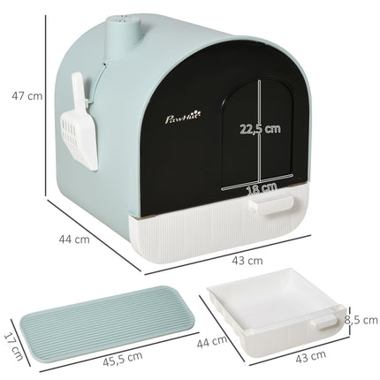 Cat box with hood, green, plastic, fits cats up to 5 kg