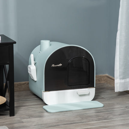 Cat box with hood, green, plastic, fits cats up to 5 kg