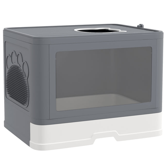Gray indoor cat litter box with lid and scoop, up to 4 kg