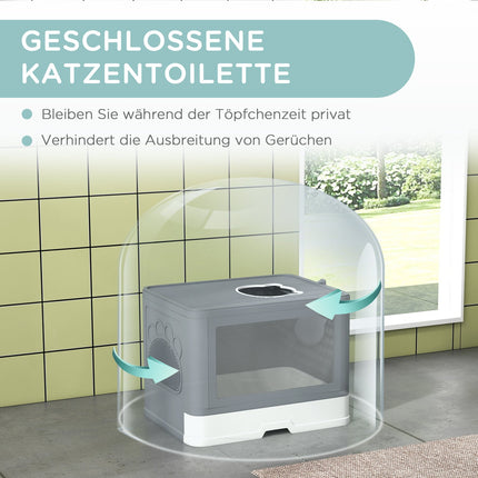 Gray indoor cat litter box with lid and scoop, up to 4 kg
