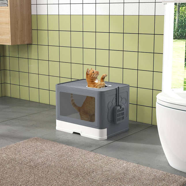 Gray indoor cat litter box with lid and scoop, up to 4 kg