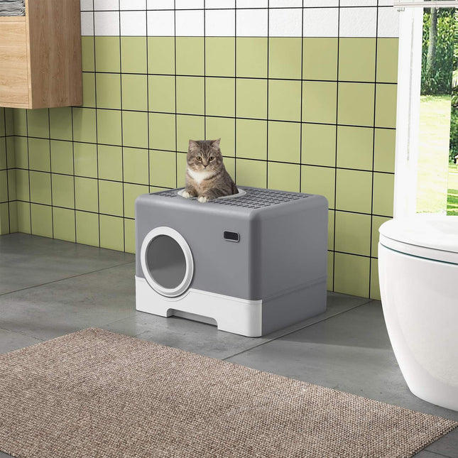 Cat box with lid & scoop, double exits, gray 52x41x38.5 cm
