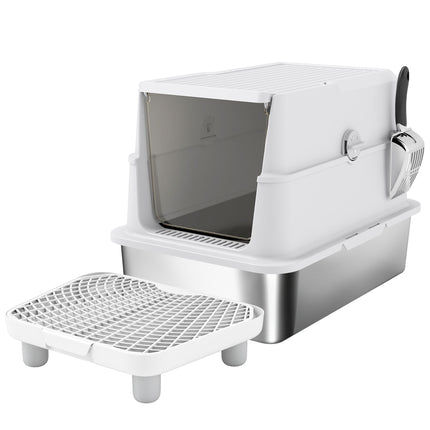Cat Litter Box, XL Enclosed Stainless Steel, Scoop, Gray