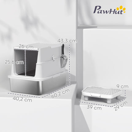 Cat Litter Box, XL Enclosed Stainless Steel, Scoop, Gray