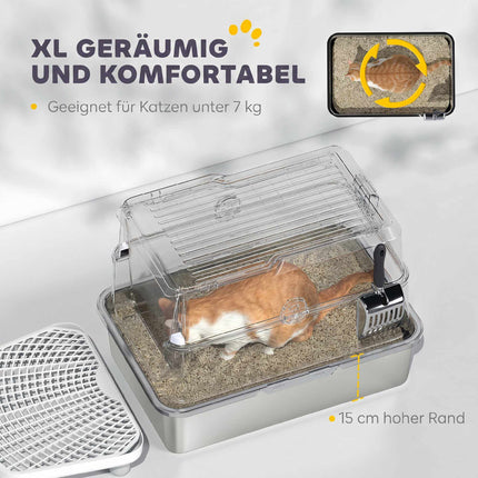 Cat Litter Box, XL Enclosed Stainless Steel, Scoop, Gray