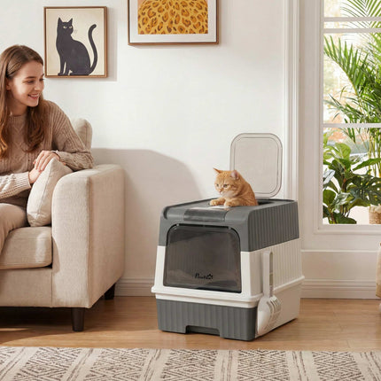Cat Litter Box with Lid, Drawer & Top Exit, 48L