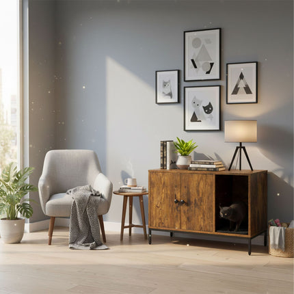 Cat Litter Cabinet – Wood-Effect, Metal Frame, 2-Door Design