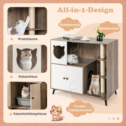 Cat Litter Cabinet with 3 Sisal Scratching Posts, Gray/White