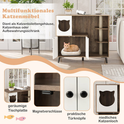 Cat Litter Cabinet with 3 Sisal Scratching Posts, Gray/White