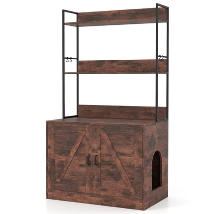 Cat Litter Cabinet with Bookshelf, Brown, 3 Shelves