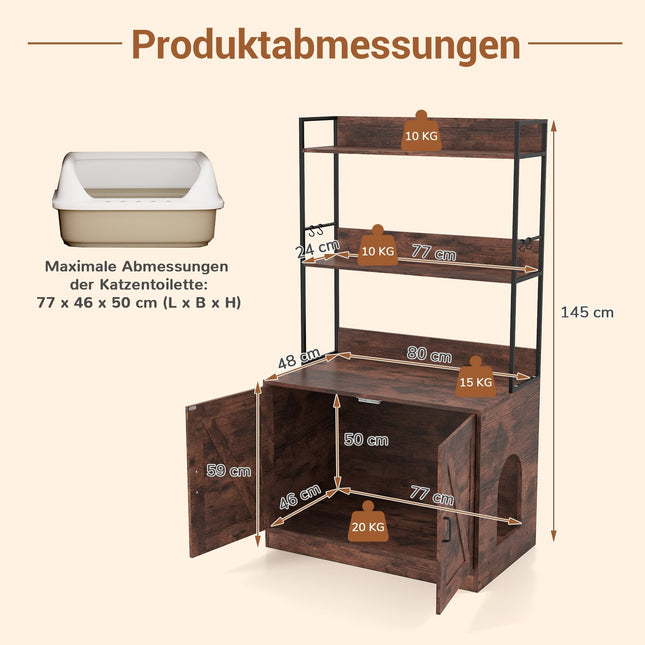 Cat Litter Cabinet with Bookshelf, Brown, 3 Shelves