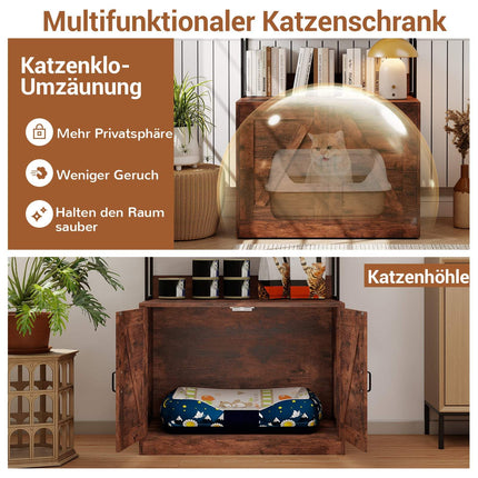 Cat Litter Cabinet with Bookshelf, Brown, 3 Shelves