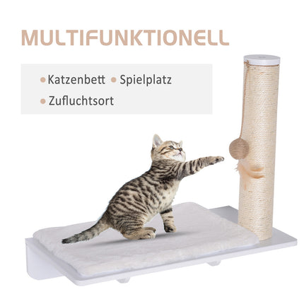 Cat seat with scratching post and toy, plush cushion, 53 cm