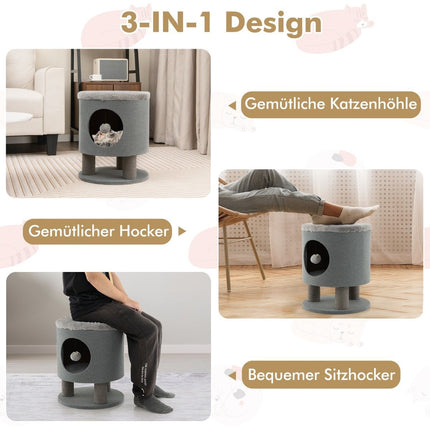 Cat Ottoman with Sisal Posts & Plush Seat, 40x40x47 cm, Gray