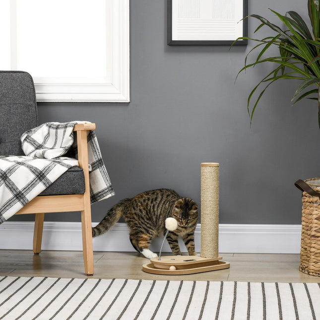 Cat scratching post with wooden ball toy, 40 cm, natural