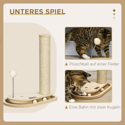 Cat scratching post with wooden ball toy, 40 cm, natural