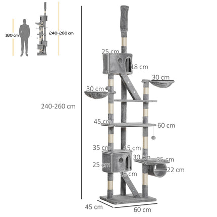 Cat tree with high ceiling with sisal, 60x45x240-260cm, gray