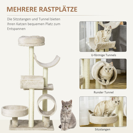 Cat scratching post with tunnel, Beige, 105 cm Height