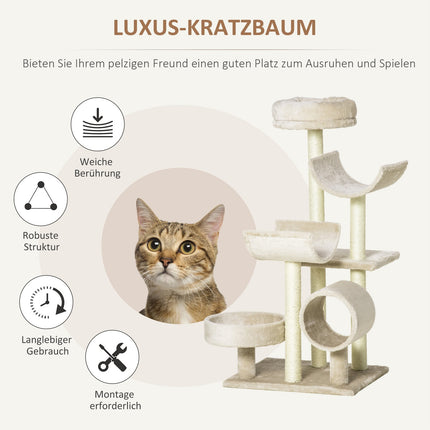 Cat scratching post with tunnel, Beige, 105 cm Height