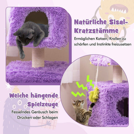 Cat Scratching Post Small 111cm Monster Theme Cat Tree with 2 Cat Caves & Removable Top Purple