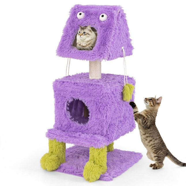 Cat Scratching Post Small 111cm Monster Theme Cat Tree with 2 Cat Caves & Removable Top Purple
