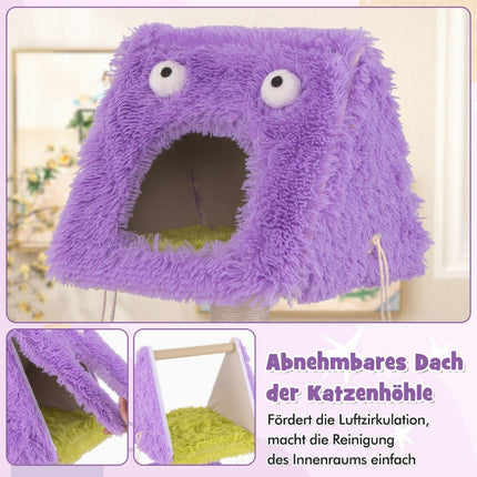 Cat Scratching Post Small 111cm Monster Theme Cat Tree with 2 Cat Caves & Removable Top Purple