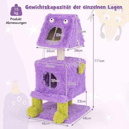 Cat Scratching Post Small 111cm Monster Theme Cat Tree with 2 Cat Caves & Removable Top Purple