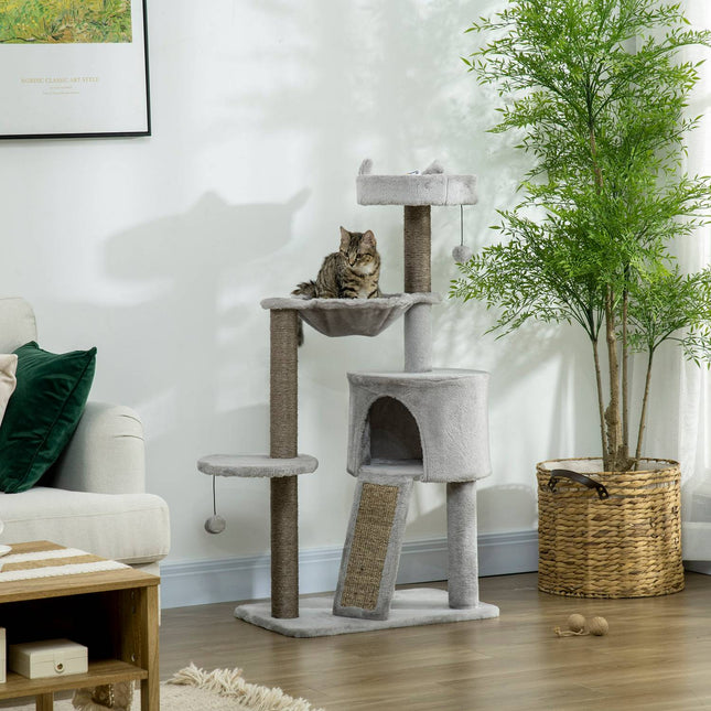 Cat scratching tree with cave & sisal, 113 cm, light grey