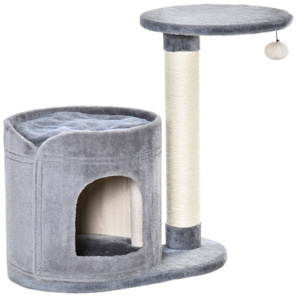 Cat scratching post with cave and toy ball, sisal rope, gray