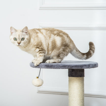 Cat scratching post with cave and toy ball, sisal rope, gray