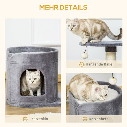 Cat scratching post with cave and toy ball, sisal rope, gray