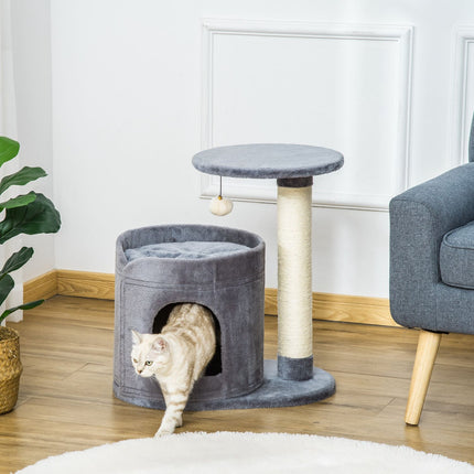 Cat scratching post with cave and toy ball, sisal rope, gray