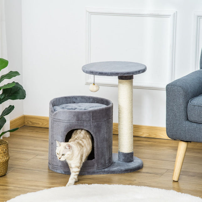 Cat scratching post with cave and toy ball, sisal rope, gray