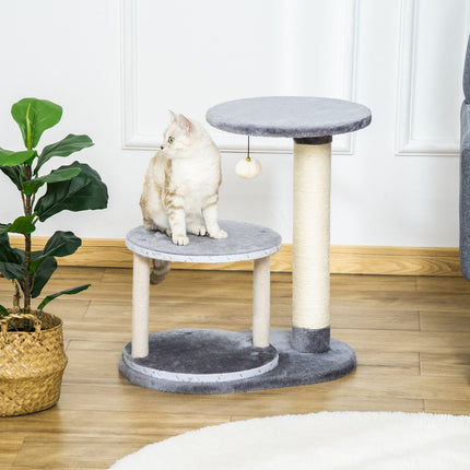Cat scratching post with cave and toy ball, sisal rope, gray